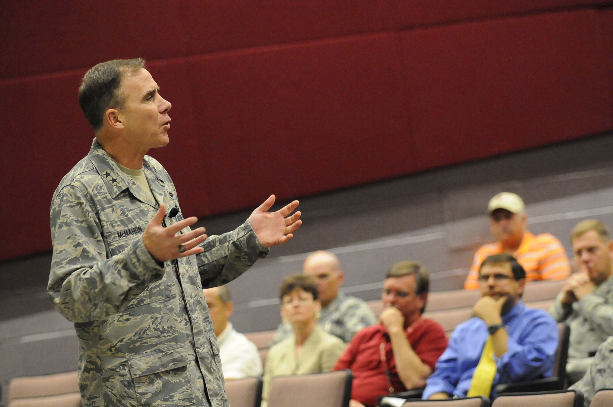 Maj. Gen. Robert McMahon, WR-ALC commander, speaks Wednesday with supervisors of the C-5 workforce. U.S. Air Force photo by Sue Sapp