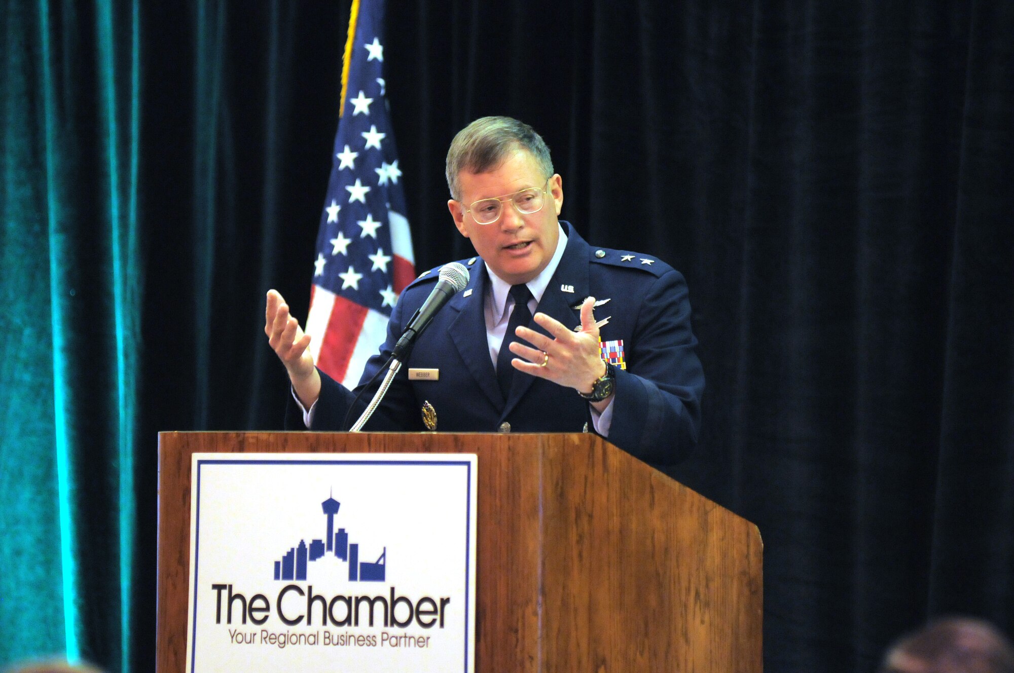 Maj. Gen. Richard Webber, 24th Air Force commander, speaks at the San Antonio Cyber Security Caucus Summit April 9. In one of his last public speaking engagements on active duty, he spoke to the audience about the maturing mission of 24th Air Force, and the intent to partner with academia and industry to meet U.S. Government needs in cyberspace. San Antonio is becoming a hub of cyber industry, academic research, and technology development. (Courtesy photo provided by The Greater San Antonio Chamber of Commerce)