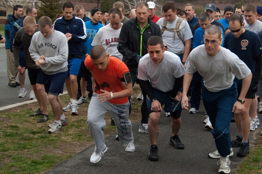 HANSCOM AIR FORCE BASE, Mass. – Runners take their mark during the Bunny Hop 5K April 20. In the men’s category Jason Dieffenbacher placed first with a time of 23:10. Jeff Hargreaves ran in 23:36 and Airman 1st Class Matthew Ramos placed third with a time of 23:52. In the women’s category Maj. Diane Burch placed first in 26:43 while Meaghan Meyers ran in 27:12 and Capt. Kim Smith ran for 28:10. (U.S. Air Force photo by Rick Berry)