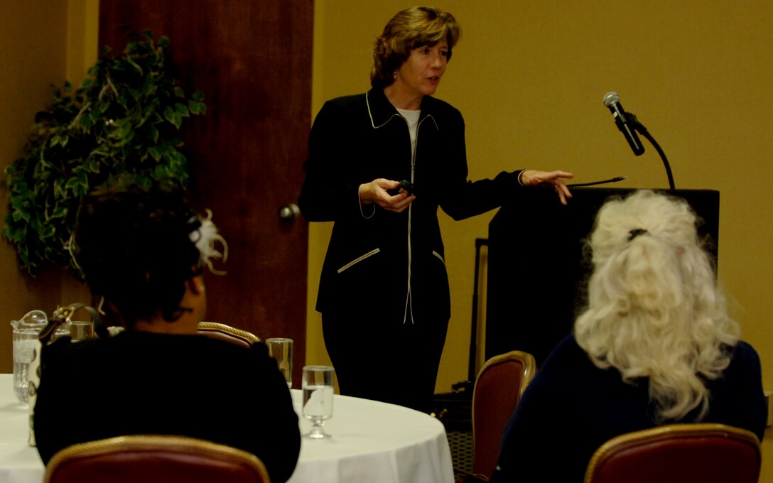 Anne Munch, nationally recognized sexual assault speaker, presents her seminar: “Naming the Unnamed Conspirator” to an audience at the Dakota’s Club at Ellsworth Air Force Base, S.D., April 27, 2011. Mrs. Munch explained that 18.9 percent of women and 1.2 percent of men in the Air Force have reported having experienced some sort of sexual assault while in the service. (U.S. Air Force photo by Senior Airman Jarad A. Denton)