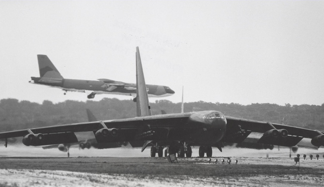 B52s landing and taking off at andersen AFB, Guam, during Operation