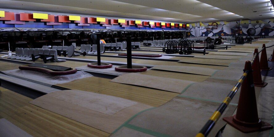MISAWA AIR BASE, Japan – Chairs and tables sit on the lanes where bowlers once threw for strikes April 26. The Walmsley Bowling Center is being renovated from the inside out. The estimated completion date is September. (U.S. Air Force photo/Tech. Sgt. Phillip Butterfield)
