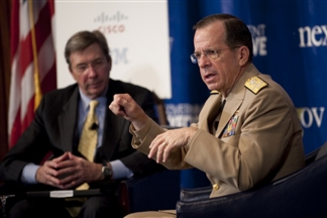 Chairman of the Joint Chiefs of Staff Adm. Mike Mullen addresses audience members at the Government Executive Media Groups 2011 Leadership Breakfast at the National Press Club in Washington, D.C., on April 28, 2011.  