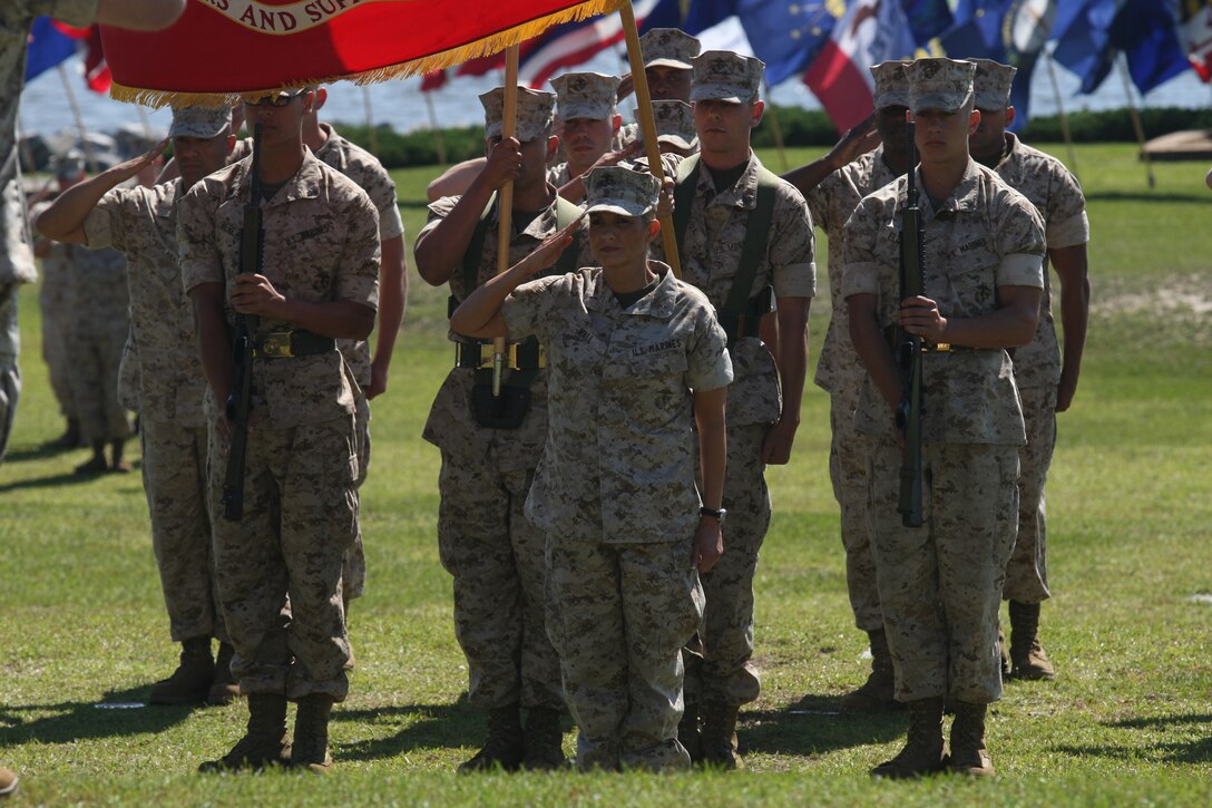 Chief Warrant Officer 3 Lina Wall, deputy director of the Installation Personnel Administration Center aboard Marine Corps Base Camp Lejeune, salutes during her retirement ceremony at the 2nd Marine Logistics Group amphitheater, April 29. After 25 years of service across the globe, Wall steps down from active duty leaving a legacy of tenacity and perseverance that Marines of all grades and positions are able to draw from.