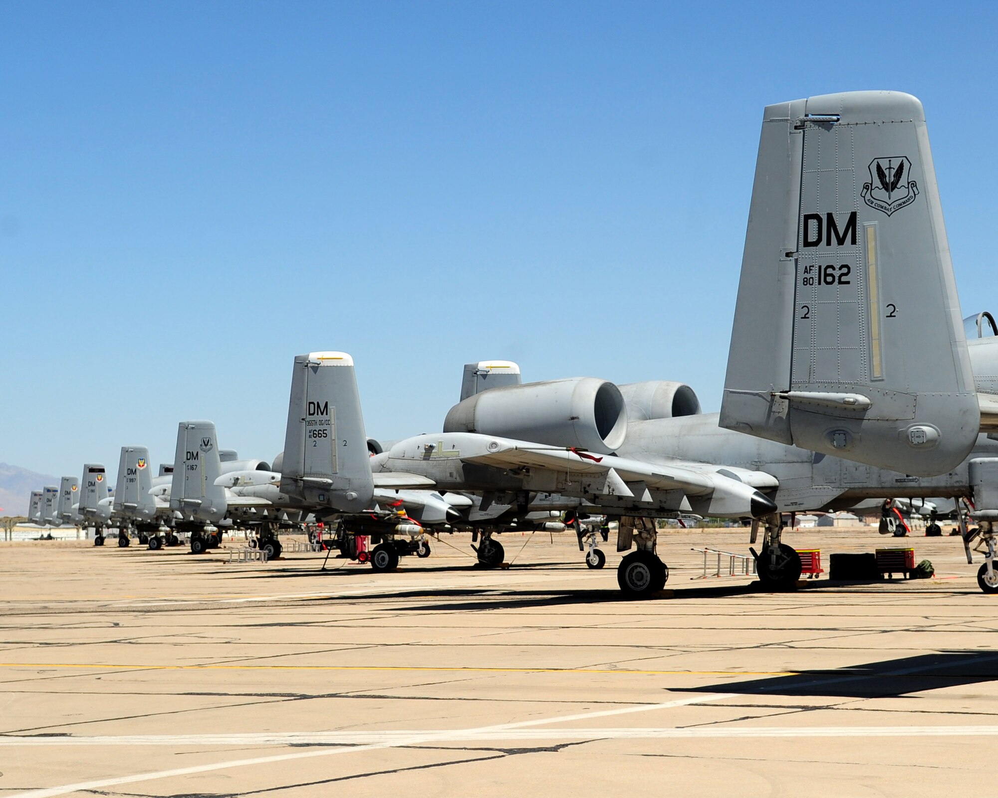 TUCSON, Ariz. - A-10 aircraft line the flight line at Tucson International Airport here April 27. D-M closed its runway in March for routine maintenance which pushed many of D-M's flying missions, to include A-10, C-130 and air sovereignty alert F-16 operations, to operate out of Tucson International Airport and other locations. (U.S. Air Force photo/Airman 1st Class Jerilyn Quintanilla)