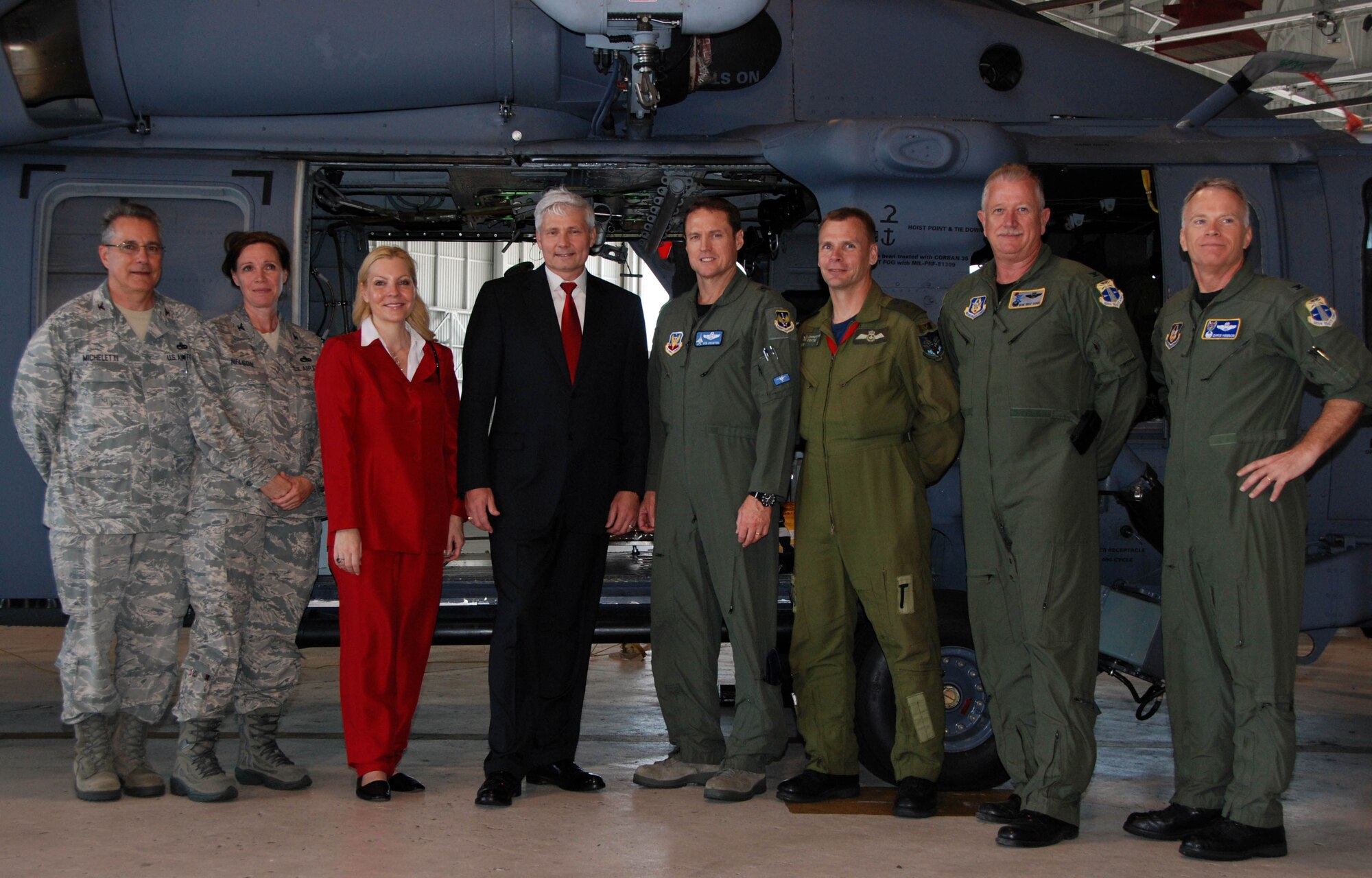 Col. Gerald Micheletti, 10th Air Force Logistics; Col. Charlene Nelson, 920th Rescue Wing Maintenance Group commander; U.S. Air Force Maj. Michelle Brunswick, Budget and Appropriations Liaison, Pentagon; Kent Clark, Defense Appropriations Director and National Security Advisor for Congressman C.W. Bill Young; Brig. Gen. Robert Branyon, 1st Air Force vice commander; Brig. Gen. Christopher Coates, Continental  U.S. NORAD Region deputy commander; Col. Robert Dunn, 920th Rescue Wing commander; and Col. Chris Hannon, 920th Rescue Wing director of operations, pose in front of a HH-60G Pave Hawk during a tour of the 920th Rescue Wing April 28 at Patrick AFB, Fla. (U.S. Air Force photo by: Capt. Jared Scott)