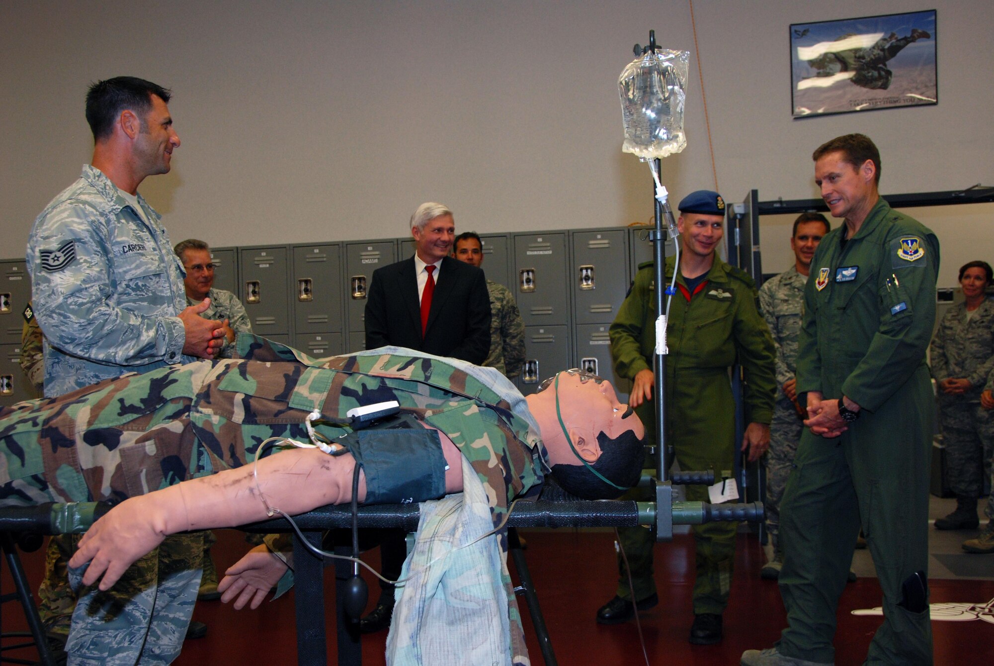 Technical Sgt. Robert Carcieri, 920th Rescue Wing aerospace medical technician, briefs Kent Clark, Defense Appropriations Director and National Security Advisor for Congressman C.W. Bill Young, Brig. Gen. Christopher Coates, Continental  U.S. NORAD Region deputy commander, and Brig. Gen. Robert Branyon, 1st Air Force vice commander, about medical procedures training at Patrick AFB, Fla., April 28. (U.S. Air Force photo by: Capt. Jared Scott)
