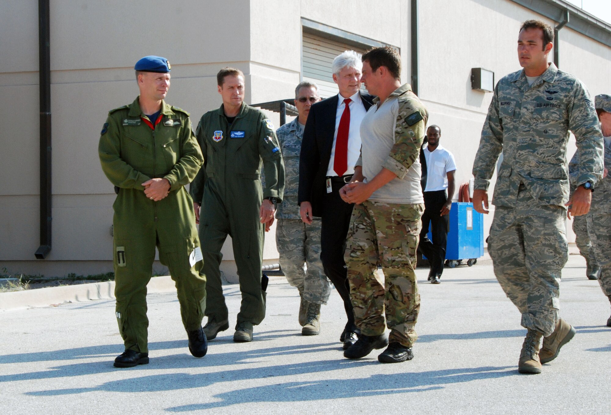 Brig. Gen. Christopher Coates, Continental  U.S. NORAD Region deputy commander, Brig. Gen. Robert Branyon, 1st Air Force vice commander, and Kent Clark, Defense Appropriations Director and National Security Advisor for Congressman C.W. Bill Young, accompany  Capt. Jim Sluder, 920th Rescue Wing combat rescue officer  and pararescueman, Staff Sgt. Darrell Williams during a tour of 920th Rescue Wing facilities at Patrick AFB, Fla., April 28. (U.S. Air Force photo by: Capt. Jared Scott)