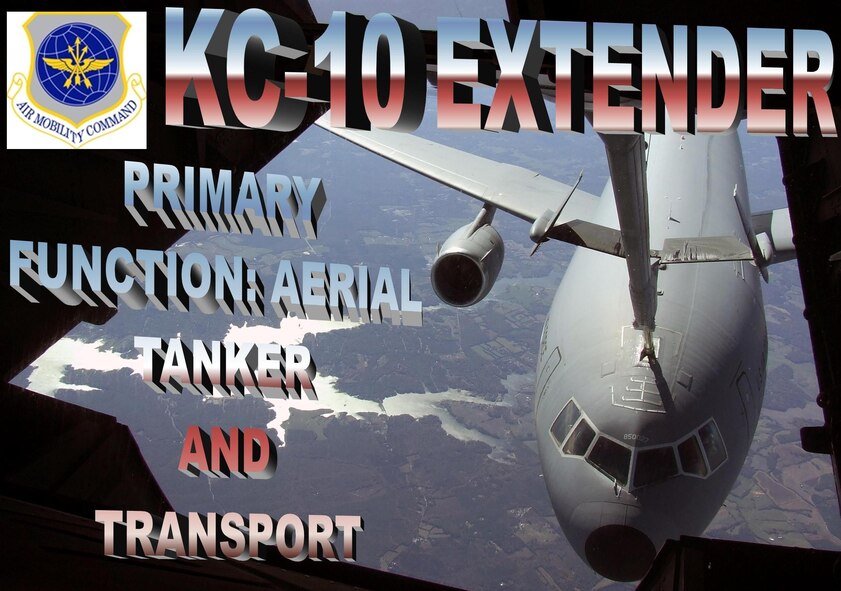 The KC-10 Extender is an Air Mobility Command advanced tanker and cargo aircraft designed to provide increased global mobility for U.S. armed forces. Although the KC-l0's primary mission is aerial refueling, it can combine the tasks of a tanker and cargo aircraft by refueling fighters and simultaneously carry the fighter support personnel and equipment on overseas deployments. The KC-10 is also capable of transporting litter and ambulatory patients using patient support pallets during aeromedical evacuations. (U.S. Air Force Photo Illustration/Master Sgt. Scott T. Sturkol) 