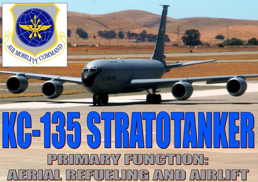 The KC-135 Stratotanker helps provide the core aerial refueling capability for the U.S. Air Force and has excelled in this role for more than 50 years. This unique asset enhances the Air Force's capability to accomplish its primary missions of global reach and global power. Four turbofans, mounted under 35-degree swept wings, power the KC-135 to takeoffs at gross weights up to 322,500 pounds. Nearly all internal fuel can be pumped through the flying boom, the KC-135's primary fuel transfer method. A special shuttlecock-shaped drogue, attached to and trailing behind the flying boom, may be used to refuel aircraft fitted with probes. Some aircraft have been configured with the Multipoint Refueling System. (U.S. Air Force Photo Illustration/Master Sgt. Scott T. Sturkol) 
