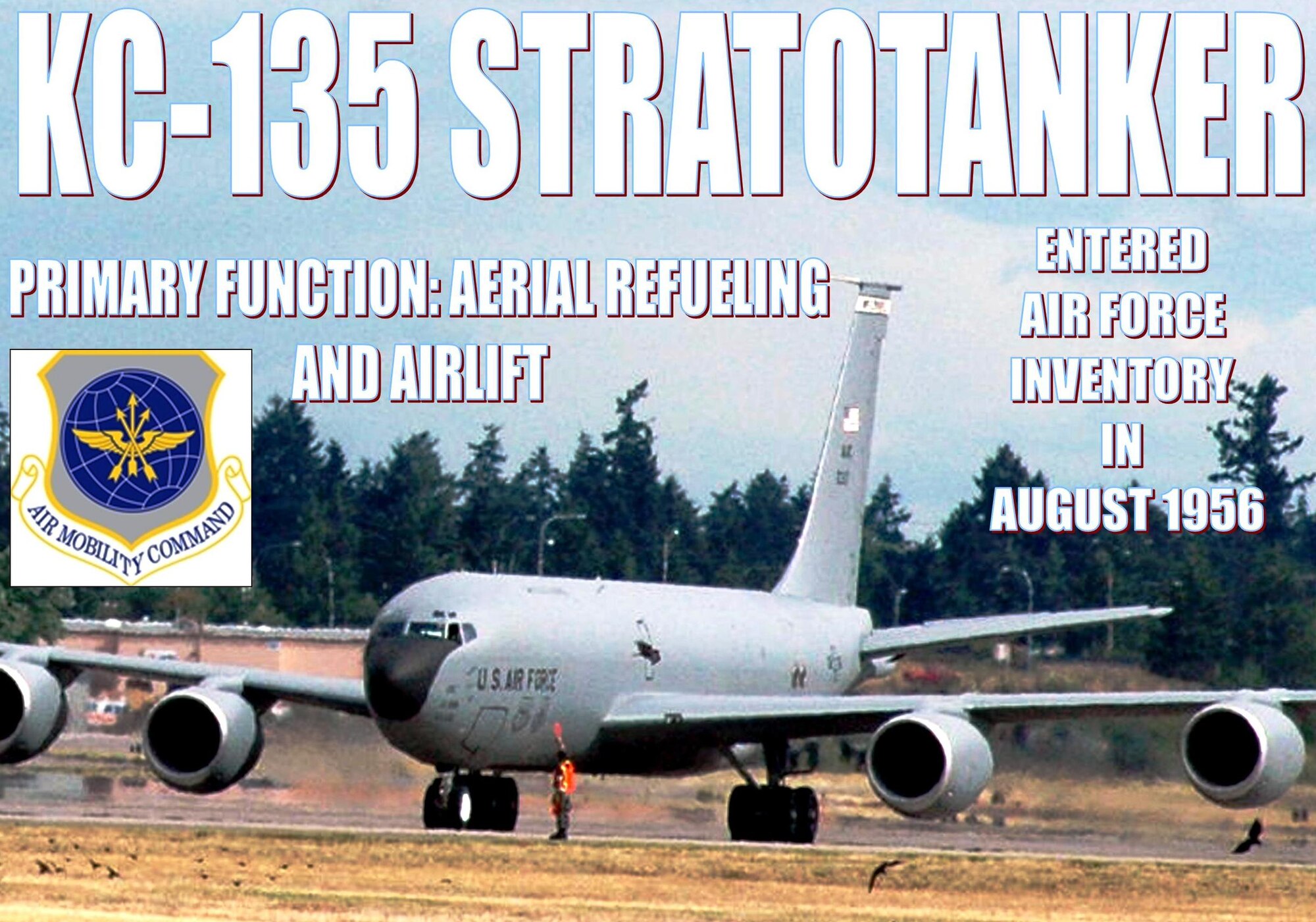 The KC-135 Stratotanker helps provide the core aerial refueling capability for the U.S. Air Force and has excelled in this role for more than 50 years. This unique asset enhances the Air Force's capability to accomplish its primary missions of global reach and global power. Four turbofans, mounted under 35-degree swept wings, power the KC-135 to takeoffs at gross weights up to 322,500 pounds. Nearly all internal fuel can be pumped through the flying boom, the KC-135's primary fuel transfer method. A special shuttlecock-shaped drogue, attached to and trailing behind the flying boom, may be used to refuel aircraft fitted with probes. Some aircraft have been configured with the Multipoint Refueling System. (U.S. Air Force Photo Illustration/Master Sgt. Scott T. Sturkol) 