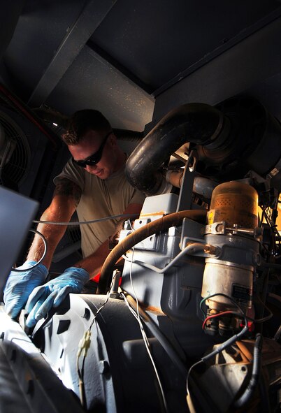 Senior Airman Seth Winship checks for leaks inside a generator while performing maintenance on the flightline, April 6, 2011, at an air base in Southwest Asia. Airman Winship is assigned to the 386th Expeditionary Maintenance Squadron. (U.S. Air Force photo/Senior Airman Cynthia Spalding)
