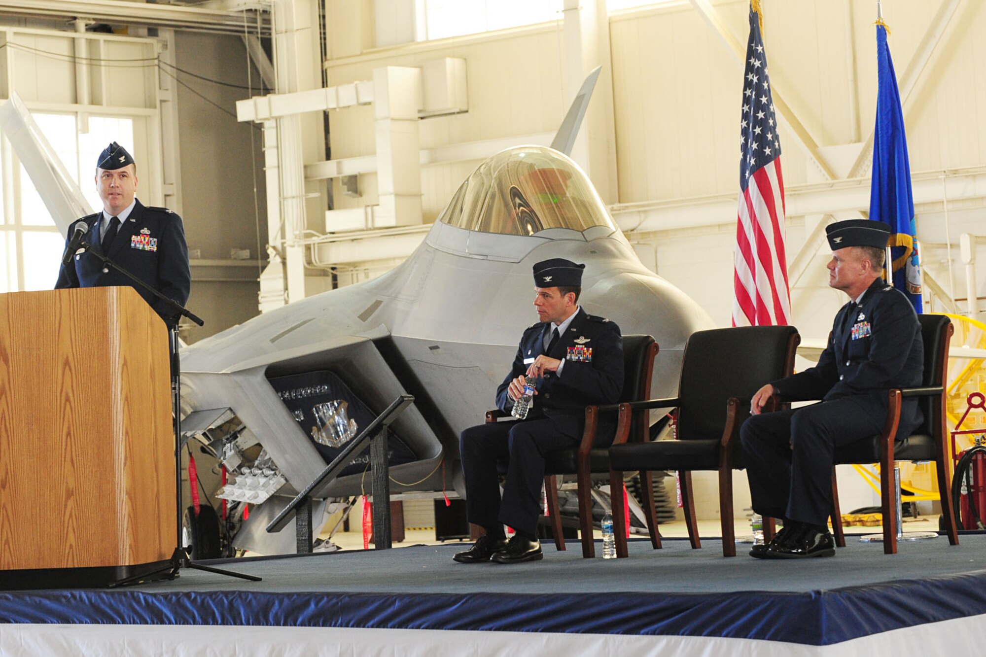Col. Matthew L. Venzke, 1st Maintenance Group commander, adresses the crowd during the change of command ceremony at Langley Air Force Base, Va., April 29, 2011. Col. Venzke previously served as the F-22 division deputy chief of sustainment at Wright-Patterson Air Force Base, Ohio. (U.S. Air Force photo by Staff Sgt. Ashley Hawkins/Released)