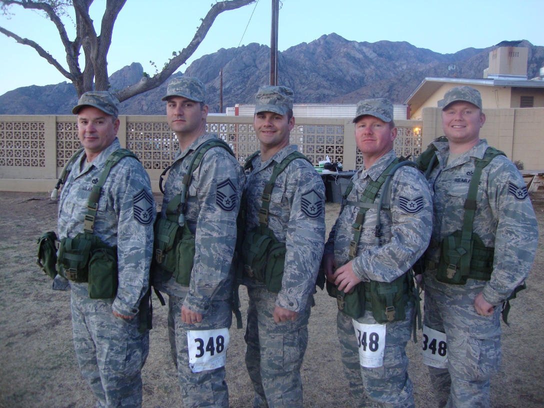 On March 27, 2011, five members of the 932nd Civil Engineer Squadron participated in the 22nd Annual Bataan Memorial Death March.  The Bataan Memorial Death March is a challenging 26.2 mile march through the high desert terrain of White Sands Missile Range, N.M., conducted in honor of the heroic service members who defended the Philippine Islands during World War II. They sacrificed their freedom, health and, in many cases, their very lives.  Those marching the 26.2 miles experienced, in part, what Soldiers endured during their long-forced trek through the Philippines. The 932nd Civil Engineer Squadron members who participated were Chief Master Sgt. Norman Fink, Senior Master Sgt. Tom Eslinger, Master Sgt. Chris Tripp, Tech. Sgt. Allen Presser, and Staff Sgt. Justin Brown.  (Photo submitted)
