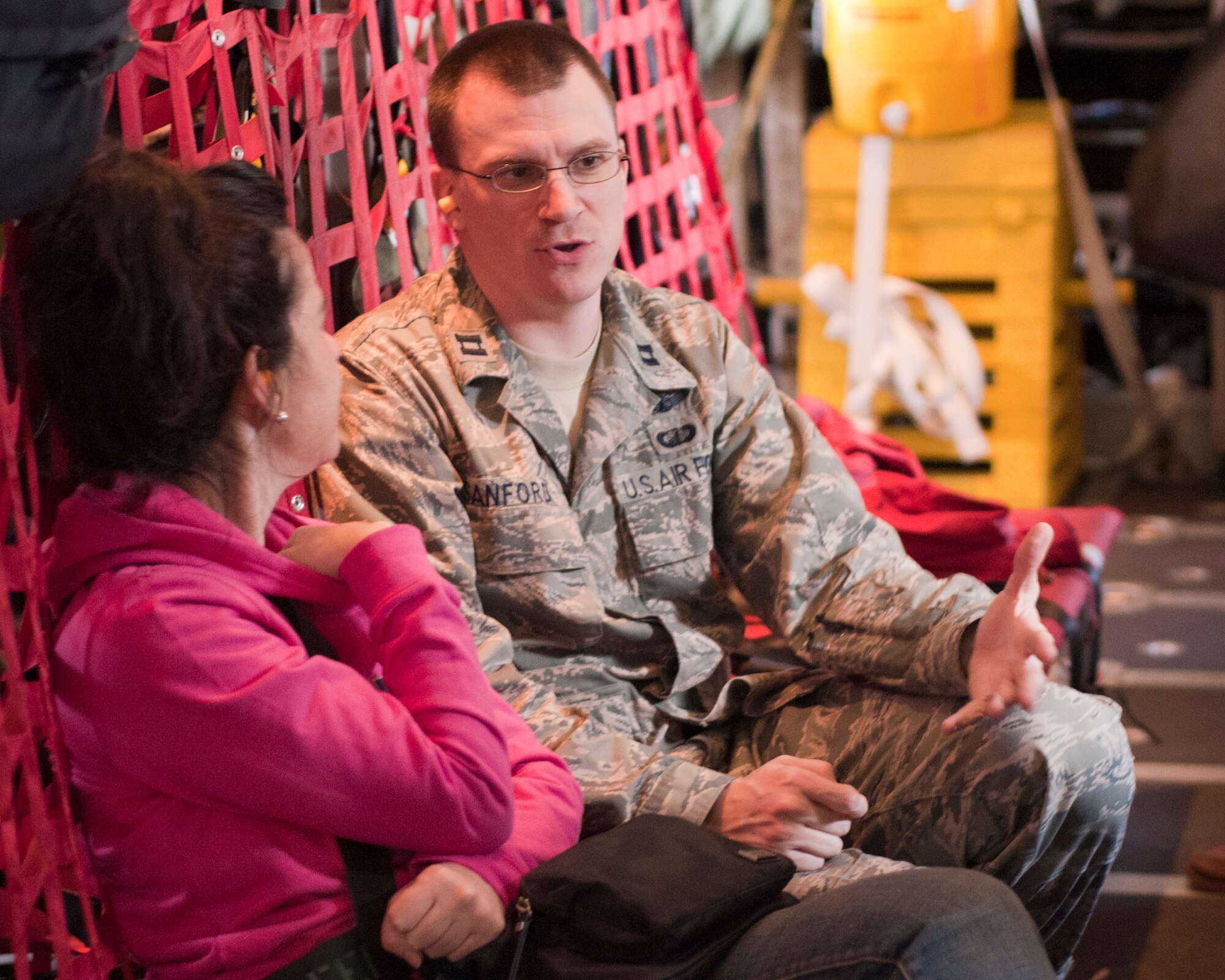An area educator learns about the work of the Air Force Reserve aboard a C-130 flight. The 910th Airlift Wing hosted approximately 20 local teachers, principals, school administrators and other school workers for an educator’s flight and base tour Friday. Educators learned about opportunities with the Air Force Reserve for their students through the experience, which included briefings by base leadership and recruiters. 