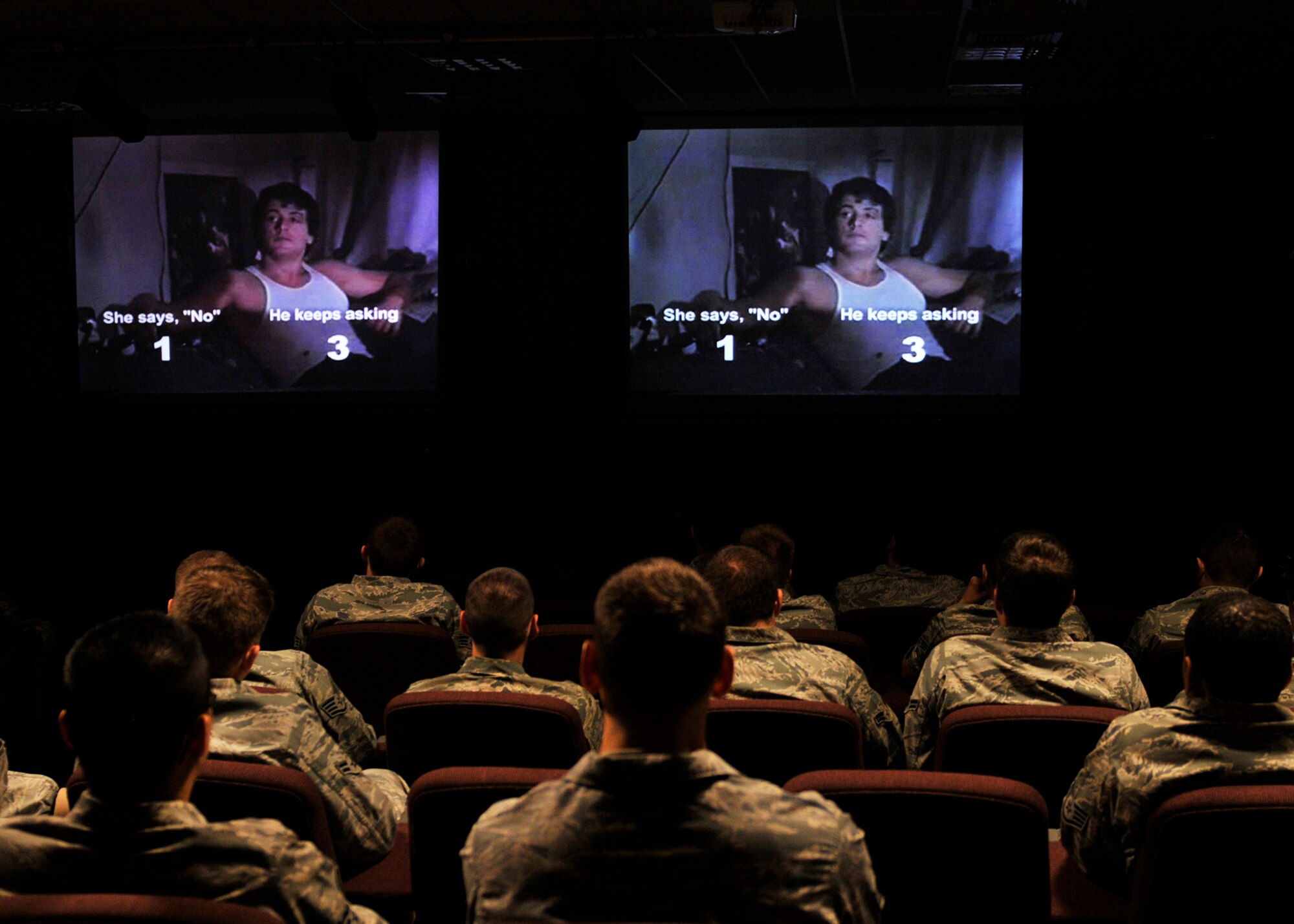 ROYAL AIR FORCE LAKENHEATH, England  Male Airmen watch a video representing a male coercing a female after she repeatedly says ?no?, during sexual assault awareness activist Ben Atherton-Zeman?s one-man play ?Voices of Men? at the Strike Eagle Complex on April 27, 2011. Mr. Atherton-Zeman uses humor, video clips, props and celebrity male voice impersonations to educate the audience on sexual assault, abuse and how to stop it from happening. (U.S. Air Force photo/Senior Airman Tiffany M. Deuel)