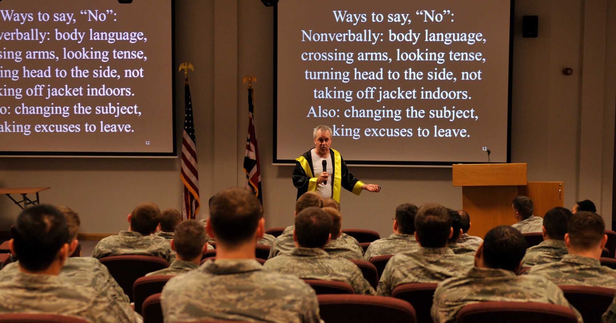 ROYAL AIR FORCE LAKENHEATH, England Sexual assault awareness activist Ben Atherton-Zeman portrays "Rocky" from the popular boxing movie series during his one-man play "Voices of Men" at the Strike Eagle Complex on April 27, 2011. Mr. Atherton-Zeman uses humor, video clips, props and celebrity male voice impersonations to educate the audience on sexual assault, abuse and how to stop it from happening. (U.S. Air Force photo/Senior Airman Tiffany M. Deuel)