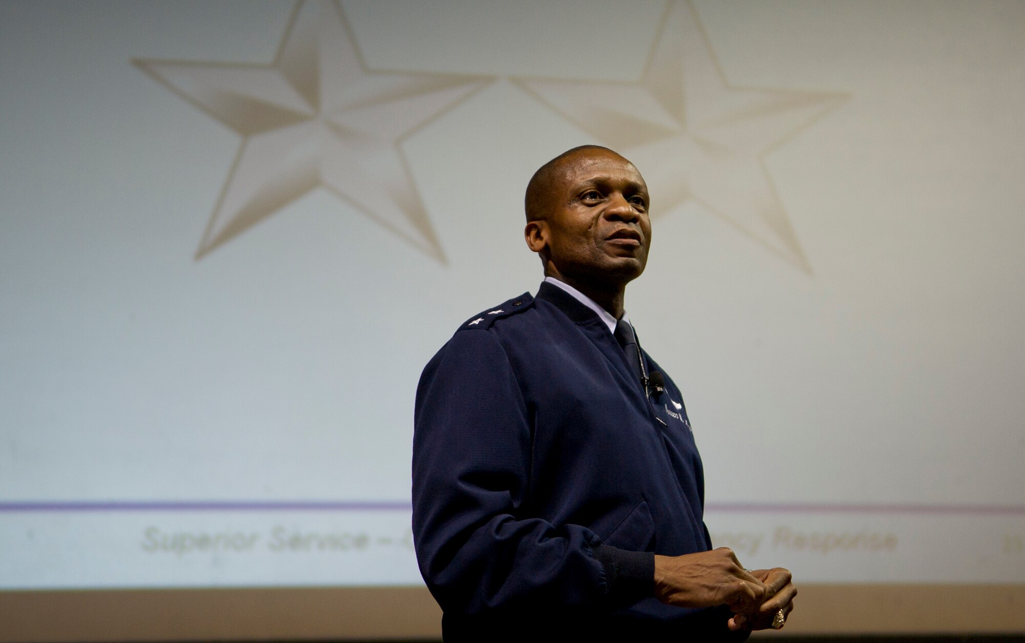Maj. Gen. Darren McDew, commander, Air Force District of Washington, speaks at a Capitol Wingman Culture event, April 28, Joint Base Andrews, Md. The new Wingman initiative is something General McDew hopes will inspire his team to stay conscious of each other all year long. "This club is about more than just a slogan. It's about caring for our people first, in all that we do," he said. The entire AFDW team, including the 11th Wing, the 79th Medical Wing and the 844th Communications Group, will undergo a compliance inspection this summer. (U.S. Air Force photo by Master Sgt. Tracy L. DeMarco)