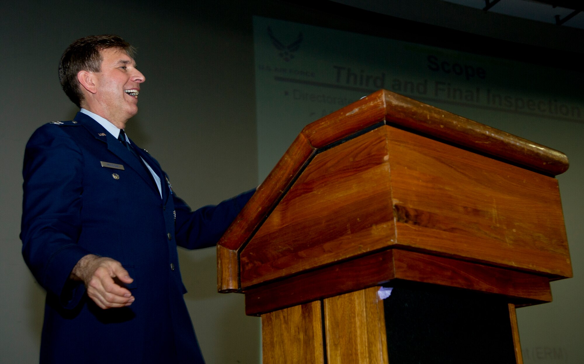 Fulfilling his role as emcee, Col. Frank Heinsohn, chief of Air Force District of Washington Inspector General Division, introduces internal inspectors for the Air Force District of Washington cross-functional inspection outbrief, April 28, Joint Base Andrews-Naval Air Facility Washington, Md. The Direct Reporting Unit is ramping up for a compliance inspection that will test all units within AFDW this summer. (U.S. Air Force photo by Master Sgt. Tracy L. DeMarco)