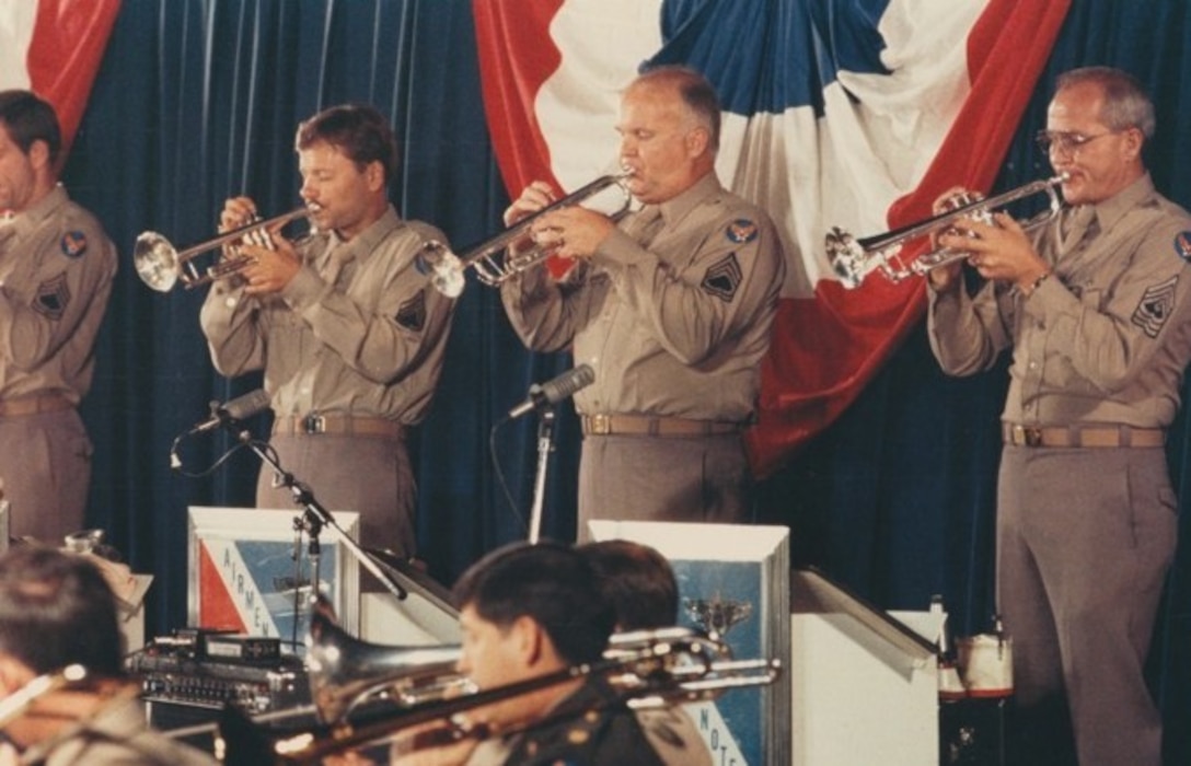 Airmen of Note Trumpeters Kenny Smukal, Vaughn Nark, Jimmy Lay, Lawrence Trautman perform a Glenn Miller show in their “Pinks and Greens” uniforms. If you have any additional information about this photograph you’d like to share, please email our Band Historian <a href="mailto:usafbandhistorian@afncr.af.mil">Tech. Sgt. Tracey MacDonald</a>. Thank you and we look forward to hearing from you!  This is Photo 45. (Unknown Photographer)