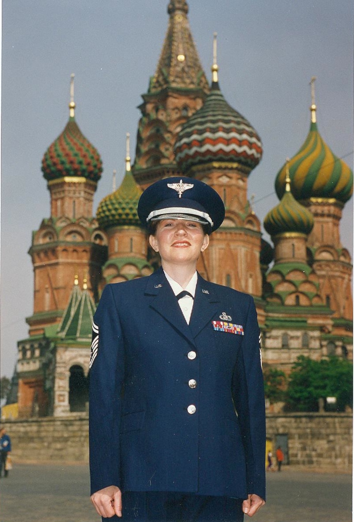 Chief Master Sgt. Elizabeth Schouten, Superintendent for The United States Air Force Band, will retire this spring, after 30 years of service in the Air Force.  She is seen here on a TDY to Moscow, celebrating the 50th anniversary of WWII under Maj. Mark Peterson in May 1995.