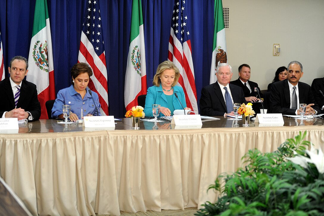Left to right, Arturo Sarukhan, Mexico's ambassador to the United States; Mexican Foreign Relations Secretary Patricia Espinosa Cantellano; U.S. Secretary of State Hillary Clinton; U.S. Defense Secretary Robert M. Gates, and U.S. Attorney General Eric Holder attend the U.S.-Mexico High Level Consultative Group meeting at the State Department in Washington, D.C., April 29, 2011. 