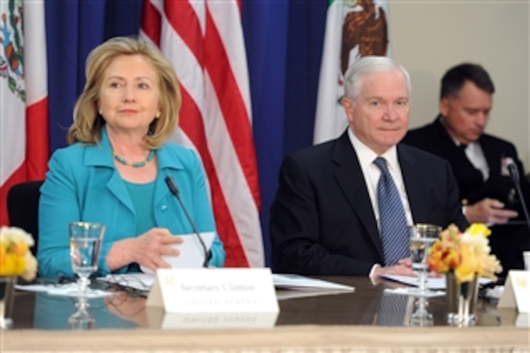 Secretary of State Hillary Clinton and Secretary of Defense Robert M. Gates participate in the U.S./Mexico High Level Consultative Group meeting hosted by Clinton at the State Department in Washington, D.C., on April 29, 2011.  