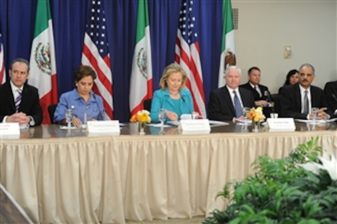 Secretary of State Hillary Clinton (3rd from left) hosted the U.S./Mexico High Level Consultative Group meeting at the State Department in Washington, D.C., on April 29, 2011.  The attendees include Ambassador of Mexico to the United States Arturo Sarukhan (left), Secretary of Foreign Relations of Mexico Patricia Espinosa Cantellano (2nd from left), Secretary of Defense Robert M. Gates, and U.S. Attorney General Eric Holder.  