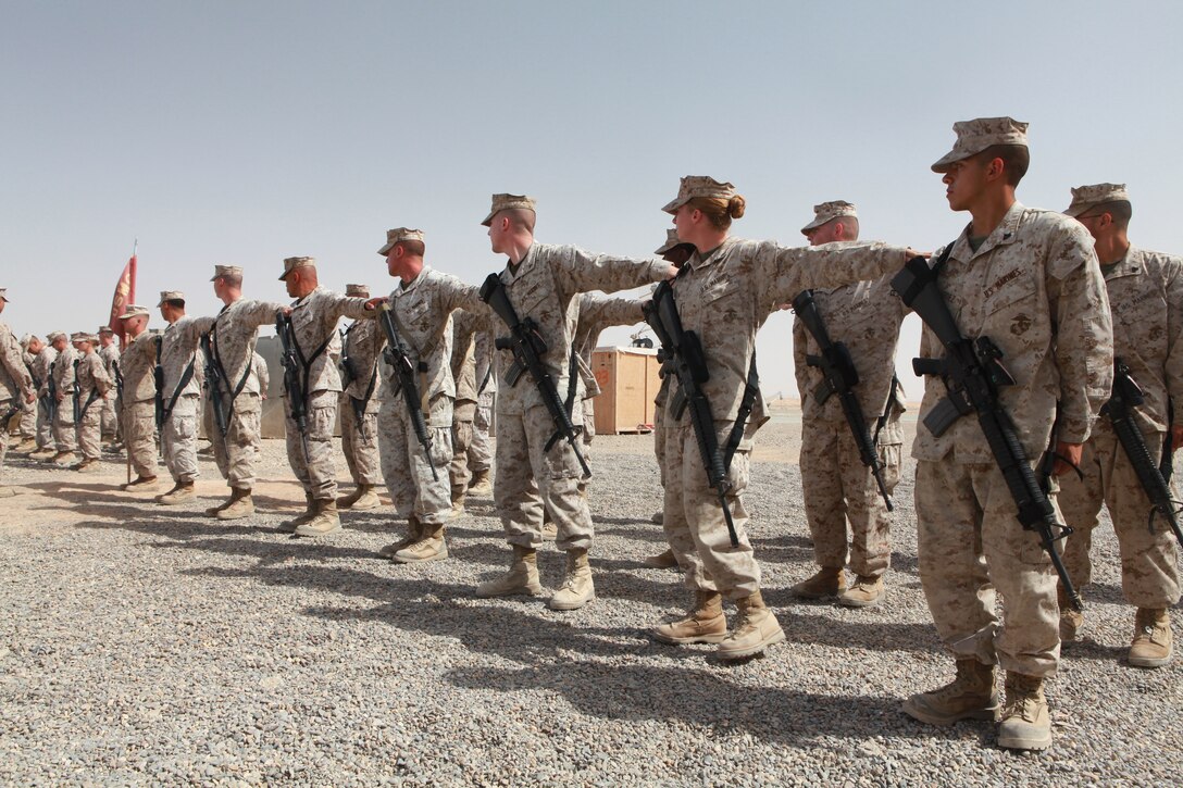Marines with Marine Unmanned Aerial Vehicle Squadron 2 stand in formation prior to the VMU-2 change of command at Camp Dwyer, Afghanistan, April 30. The Marines and sailors said goodbye to Lt. Col. Daniel T. Lathrop, who relinquished command to Lt. Col. Mikel R. Huber during a ceremony on the squadron’s runway. “The Marines did a great job out here and did everything I asked of them and more,” said Lathrop, a native of Marcellus, N.Y. “For the Marines that I have worked with over the last year and a half, I am very proud of you all.”