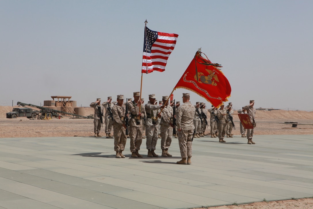 The Marine Unmanned Aerial Vehicle Squadron 2 color guard present the squadron’s battle colors during the VMU-2 change of command ceremony at Camp Dwyer, Afghanistan, April 30. The Marines and Sailors said goodbye to Lt. Col. Daniel T. Lathrop who relinquished command to Lt. Col. Mikel R. Huber during a ceremony on the squadron’s runway. “I am excited to take command of VMU-2 and I am proud to call myself a Night Owl today,” said Huber.
