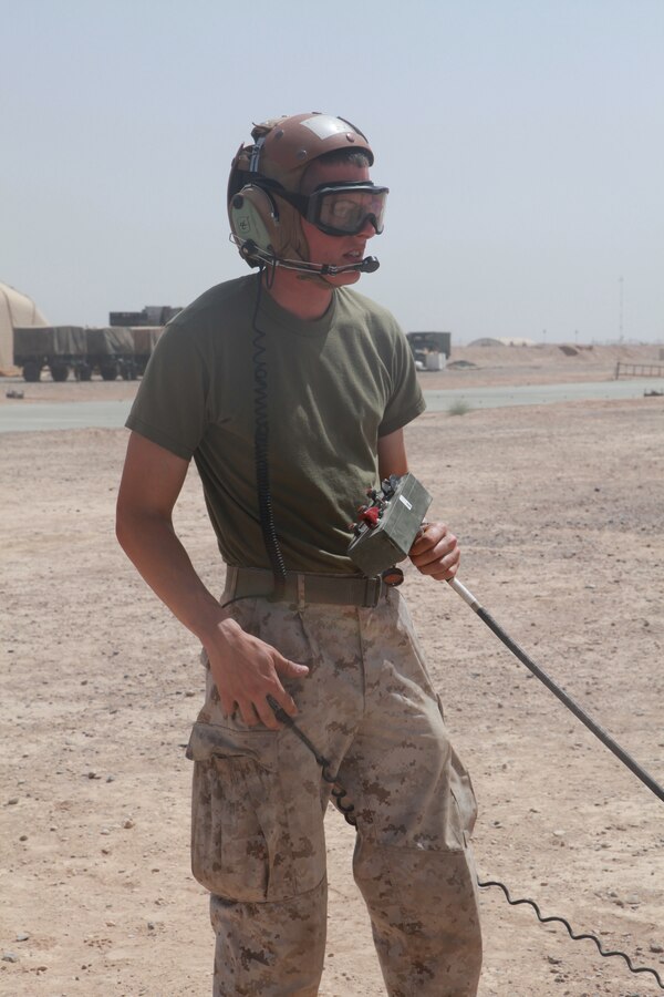 Cpl. Christopher Jones, an unmanned aerial vehicle technician with Marine Unmanned Aerial Vehicle Squadron 3, operates the controls of a RQ-7B Shadow UAV, preparing it for launch from Camp Dwyer, Afghanistan, April 30. “I work on the aircraft as a mechanic and technician and launch them,” said Jones, a native of East Hartford, Conn.