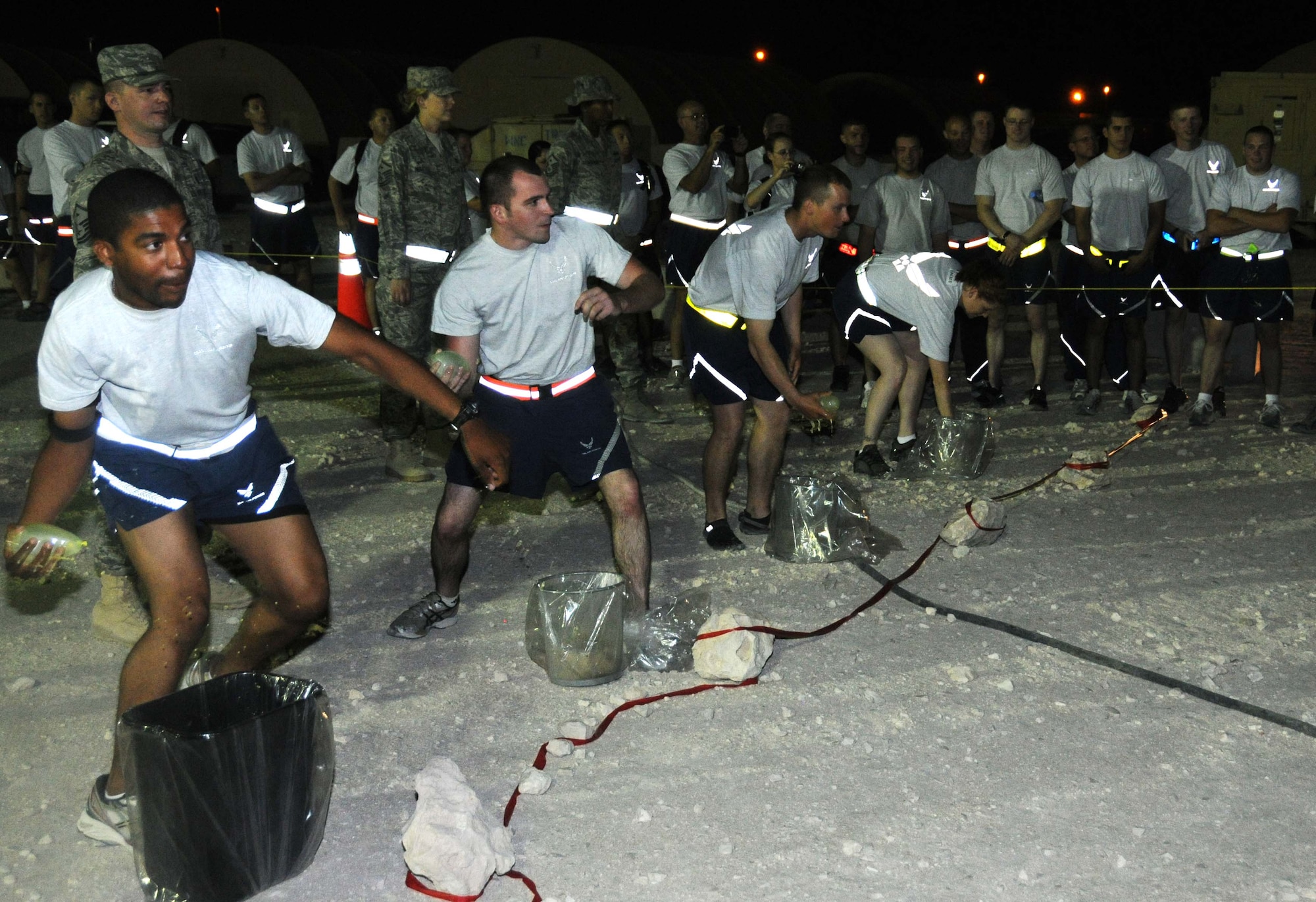 Airmen from the 379th Air Expeditionary Wing compete during the Fear Factor event held April 29 in Southwest Asia. There were a total of 20 teams that competed in the events. (U.S. Air Force photo/ Staff Sgt Anthony Graham)