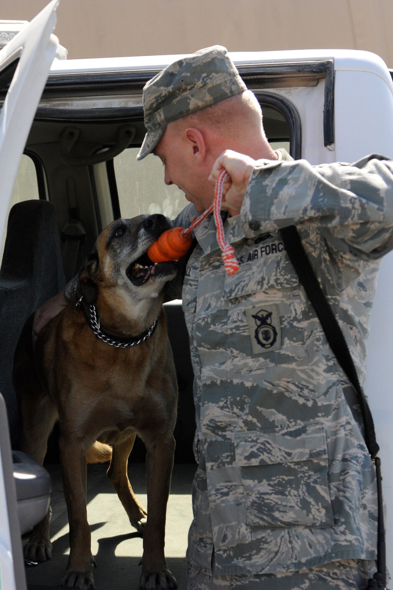 Staff Sgt. Christopher Fall and Lucky play a game of tug after completing a proficiency training session at the Transit Center at Manas, Kyrgyzstan, July 28. At 10-years old, Lucky is the oldest military working dog at the Transit Center. Lucky and Fall have been partners for 10 months. Fall is a 376th Expeditionary Security Forces Squadron military working dog handler. Lucky and Fall are deployed here from Fairchild Air Force Base, Wash. (U.S. Air Force photo/Tech. Sgt. Tammie Moore)