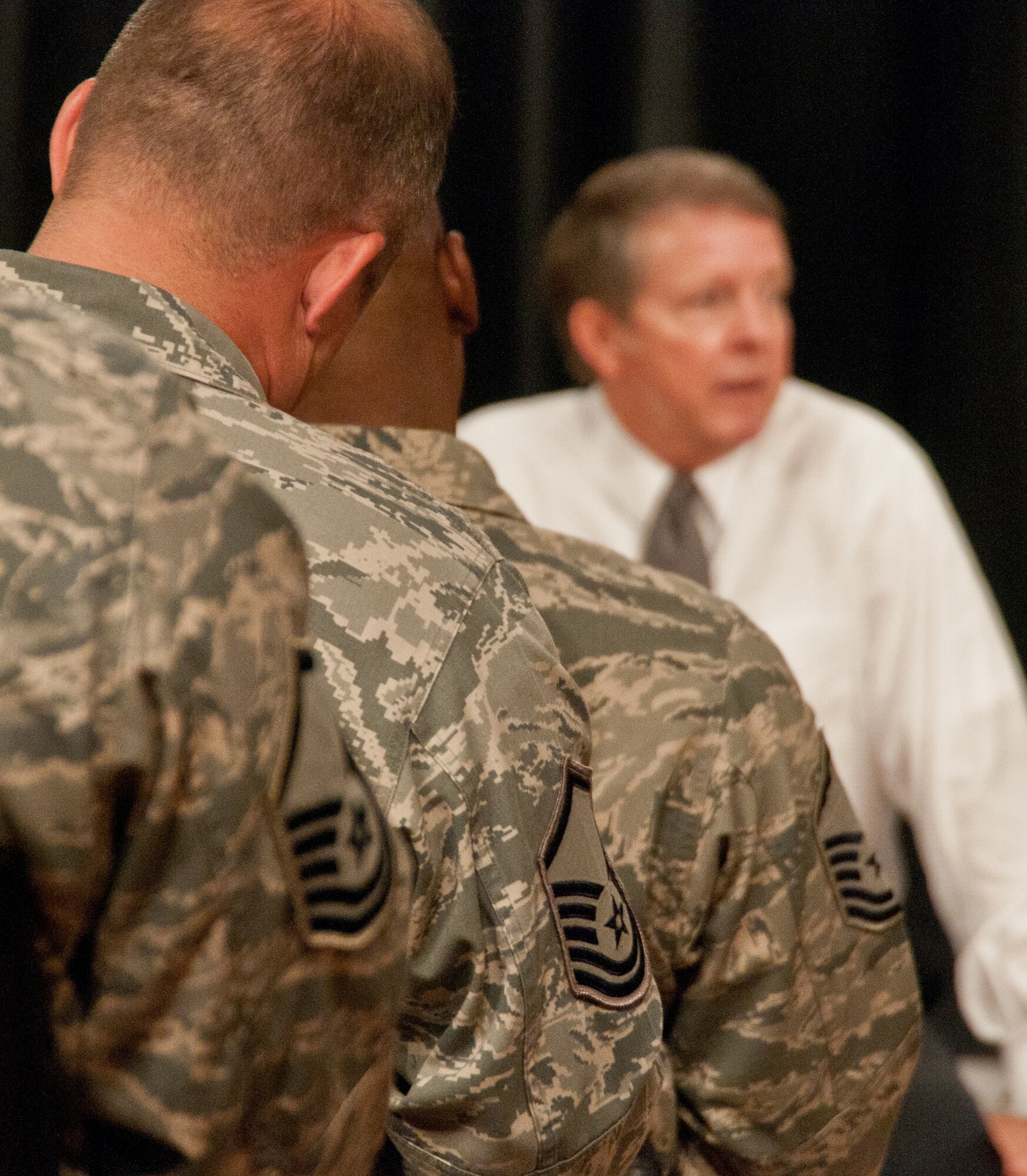 Andersen Air Force Base, Guam- -Retired Chief Master Sgt. of the Air Force, Rodney J. McKinley, speaks with senior leaders from the 36th Wing about Air Force issues and experiences July 27. During the visit he interacted with senior noncommissioned officers, Airman Leadership School class 11-F and several organizations throughout Andersen.  (Ret) CMSAF McKinley served from 2006 to 2009 as the highest enlisted Airman position. (U.S. Air Force photo by Staff Sgt. Alexandre Montes)
