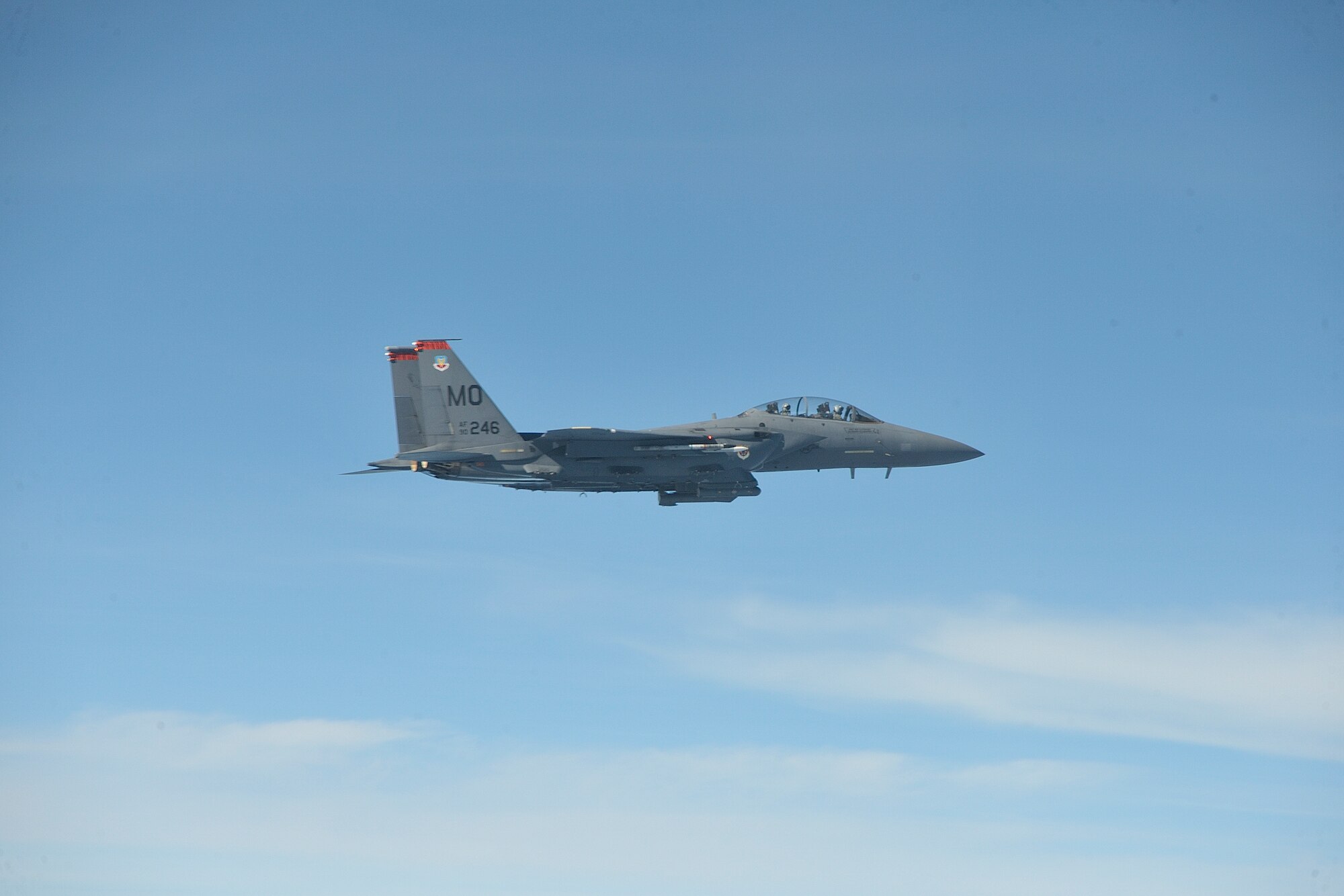 TYNDALL AIR FORCE BASE, Fla. - Capt. Adam B. Luber, pilot and scheduler with the 391st Fighter Squadron, and Capt. Robert J. McKay, weapon system officer and scheduler with the 391st FS, fly their F-15E Strike Eagle during Combat Archer at Tyndall, AFB, Fla. Each unit is given the opportunity to train as they would fight and are given the privilege of firing a variety of live air-to-air missile systems from the Air Force arsenal. (U.S. Air Force photo by Tech. Sgt. John Hoffmann)