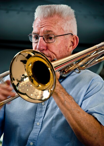A trombonist performs during a change of command ceremony at Eglin Air Force Base, Fla.  (U.S. Air Force photo/Samuel King Jr.)