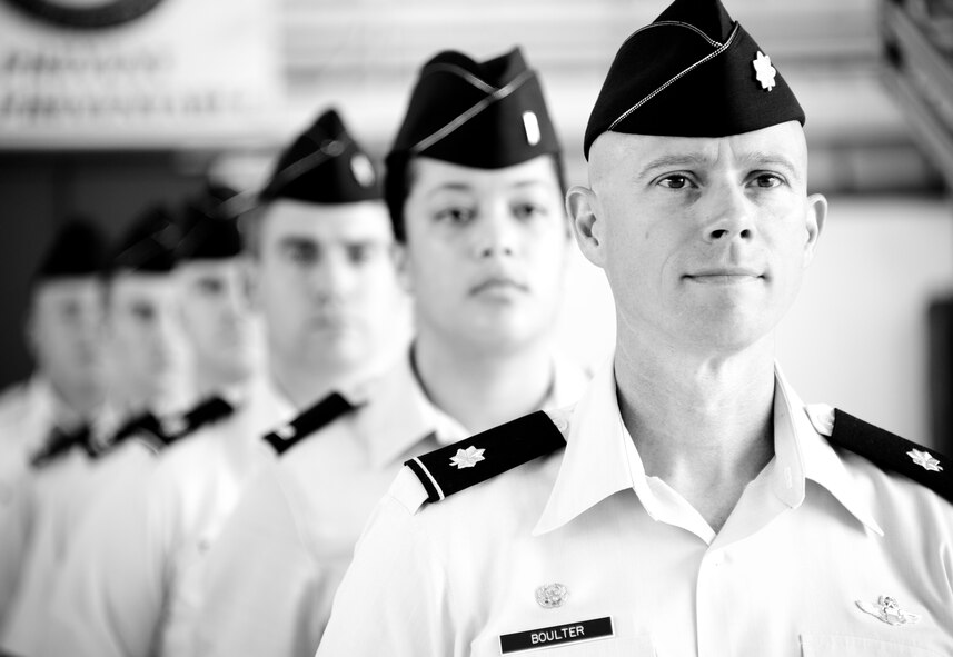 Lt. Col. Raymond Boulter, the 49th Test and Evaluation Squadron commander, stands in front of his element during the 53rd Wing change of command July 26 at Eglin Air Force Base, Fla.  The 49th TES is located at Barksdale Air Force Base, La.  (U.S. Air Force photo/Samuel King Jr.)