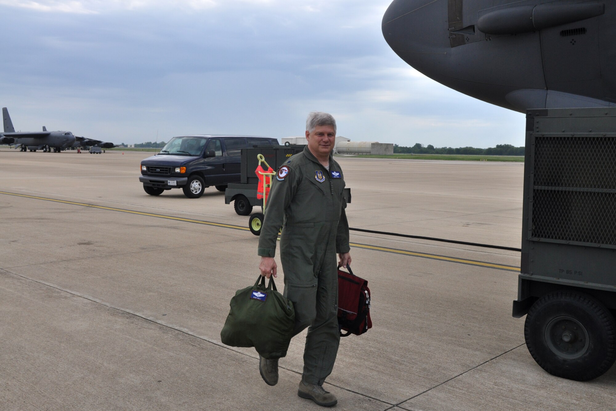Lt. Col. Richard Holt, an electronics warfare officer assigned to the 93rd Bomb Squadron prepares for a sortie in a B-52 Stratofortress at Barksdale Air Force Base, La., July 25, 2011. Holt is part of the aircrew from the 93rd BS competing in the 2011 Global Strike Challenge. The competition, which is currently underway, includes bases, units and people across the country. The competition will continue through the score-posting and symposium event in November. The competition wraps up with an awards ceremony at Barksdale where trophies will be awarded to the final winners. (U.S. Air Force photo/Tech. Sgt. Jeff Walston)