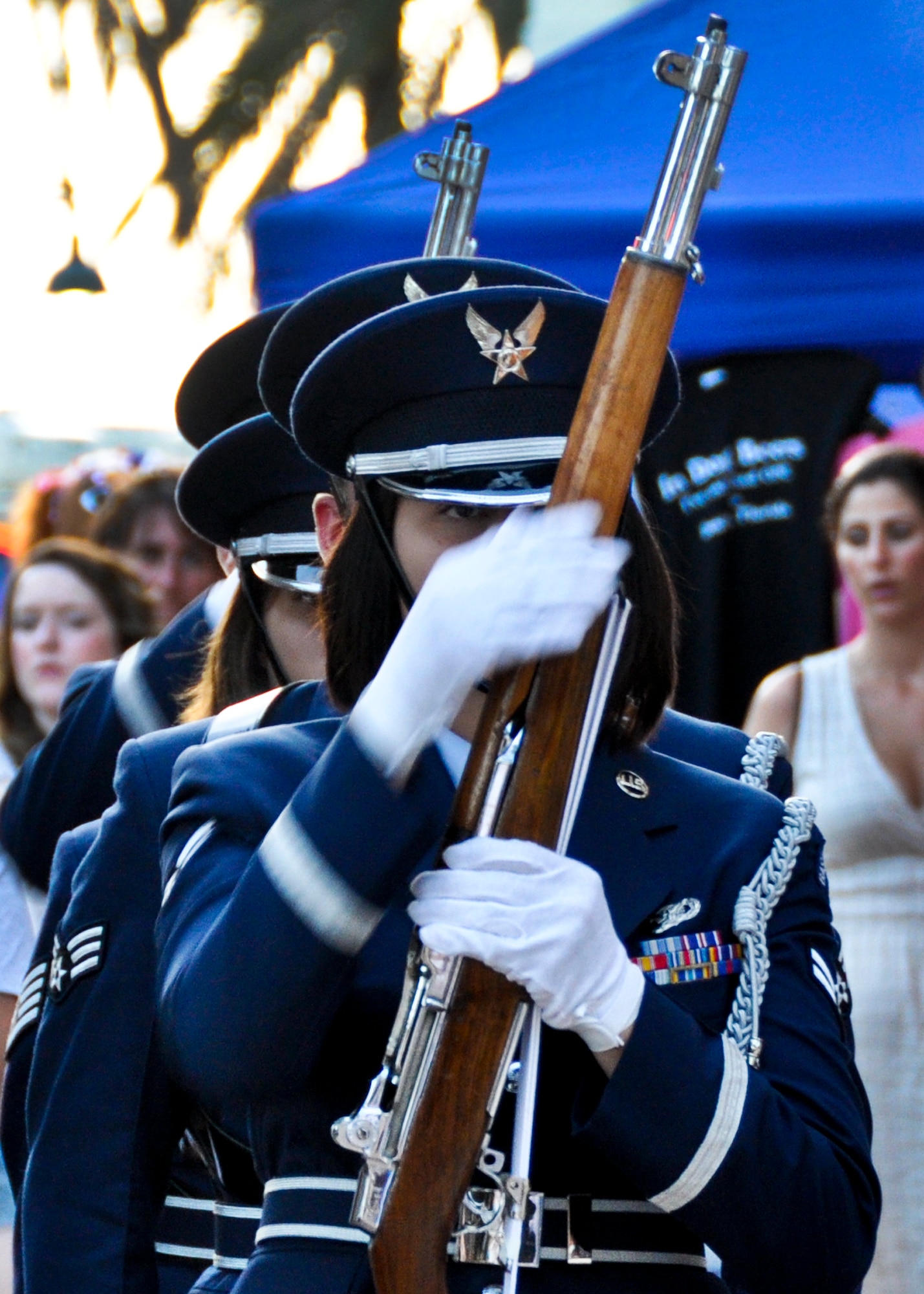 Eglin honor guard performs at the Red, White and Blue Celebration at the Destin HarborWalk July 28.  The third annual summer-long festivities will pay tribute to local heroes and military members from the surrounding military communities of Eglin Air Force Base, Hurlburt Field and Duke Field. Members being recognized are presented with a key to the city of Destin. (U.S. Air Force photo/Chrissy Cuttita) 