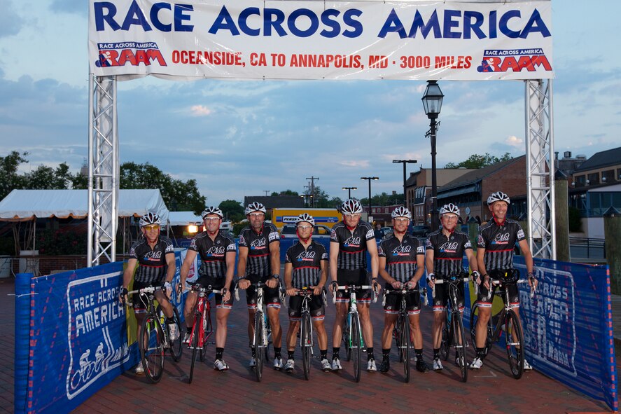 Member of Team 4Mil, an eight-person racing team, pose for a picture at the start of the Race Across America Armed Force Challenge Cup in Oceanside, Calif. The eight-person team completed the 30th anniversary RAAM, in a time of five days, 12 hours and five minutes (22.6 mph). They won the 2011 Armed Forces Challenge Cup and finished second overall with the 6th fastest time ever. (Courtesy Photo)