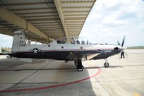 Major Marcus Janecek, 559th Flying Training Squadron instructor pilot and Air Force Academy Cadet Johnathan Fonbuena taxi to take off during his orientation flight in the T-6 Texan II aircraft at Randolph Air Force Base July 19. (U.S. Air Force photo/Rich McFadden) (released)