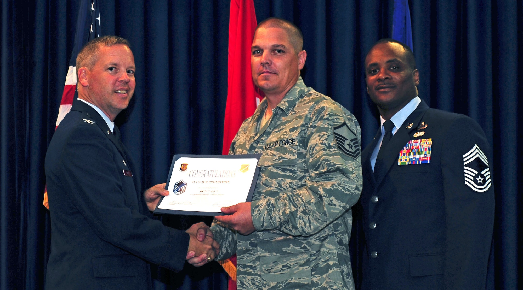 Ron Casey, 39th Logistics Readiness Squadron, is promoted to the rank of master sergeant July 29, 2011, at the Club Complex ballroom at Incirlik Air Base, Turkey. (U.S. Air Force photo by Senior Airman Anthony Sanchelli/Released)