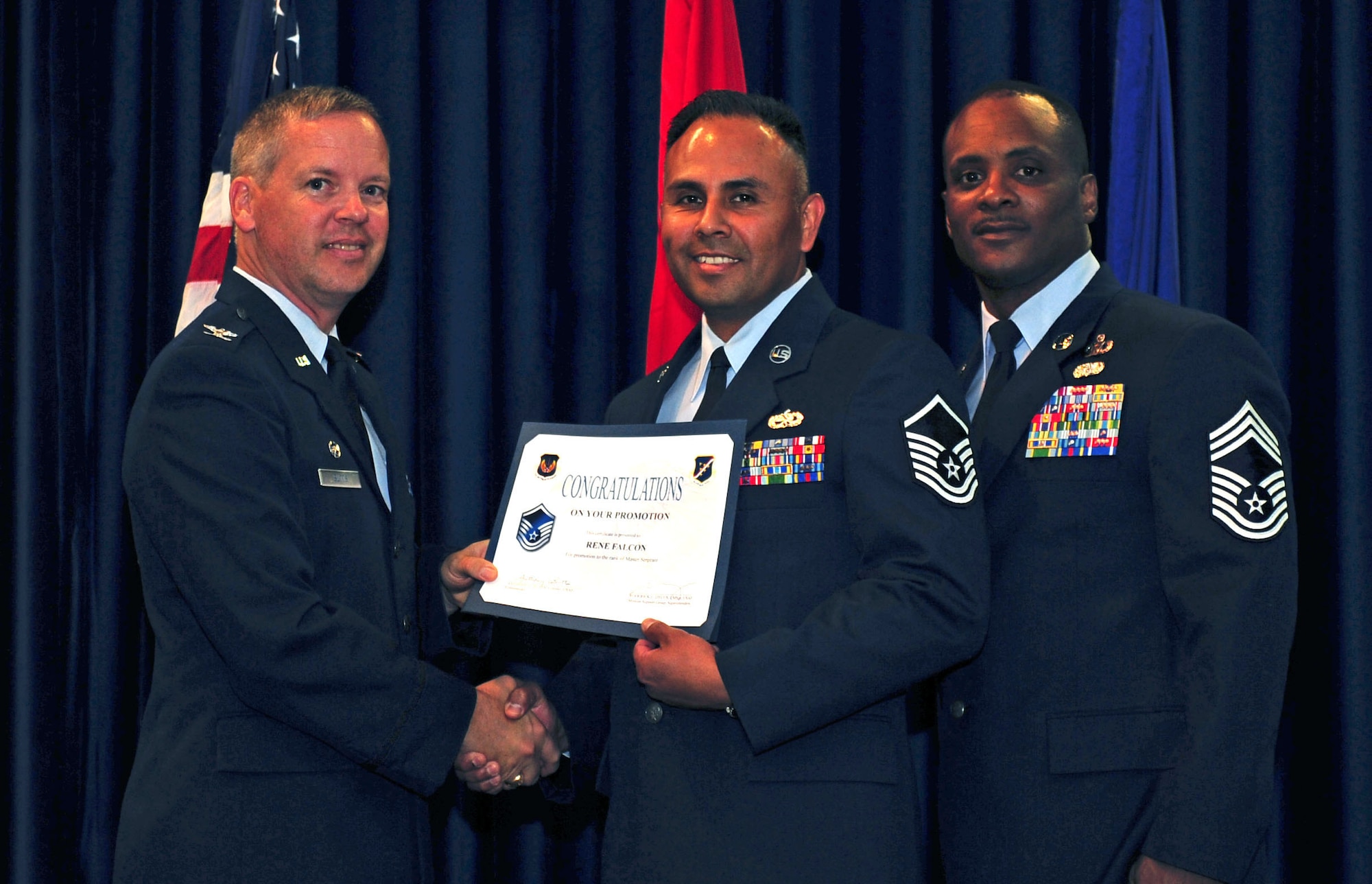 Rene Falcon, 39th Maintenance Squadron, is promoted to the rank of master sergeant July 29, 2011, at the Club Complex ballroom at Incirlik Air Base, Turkey. (U.S. Air Force photo by Senior Airman Anthony Sanchelli/Released)


