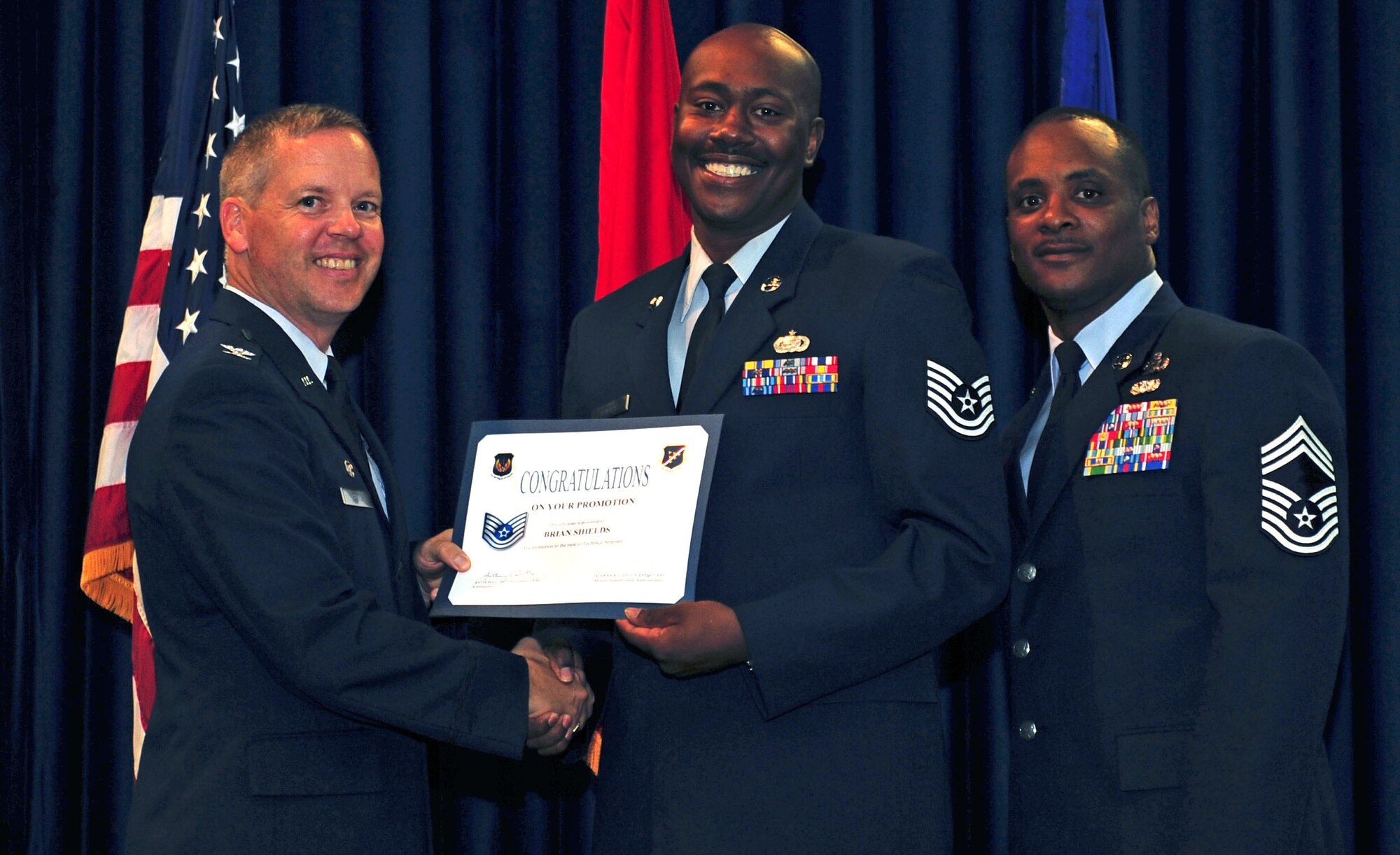 Brian Shields, 39th Force Support Squadron, is promoted to the rank of technical sergeant July 29, 2011, at the Club Complex ballroom at Incirlik Air Base, Turkey. (U.S. Air Force photo by Senior Airman Anthony Sanchelli/Released)


