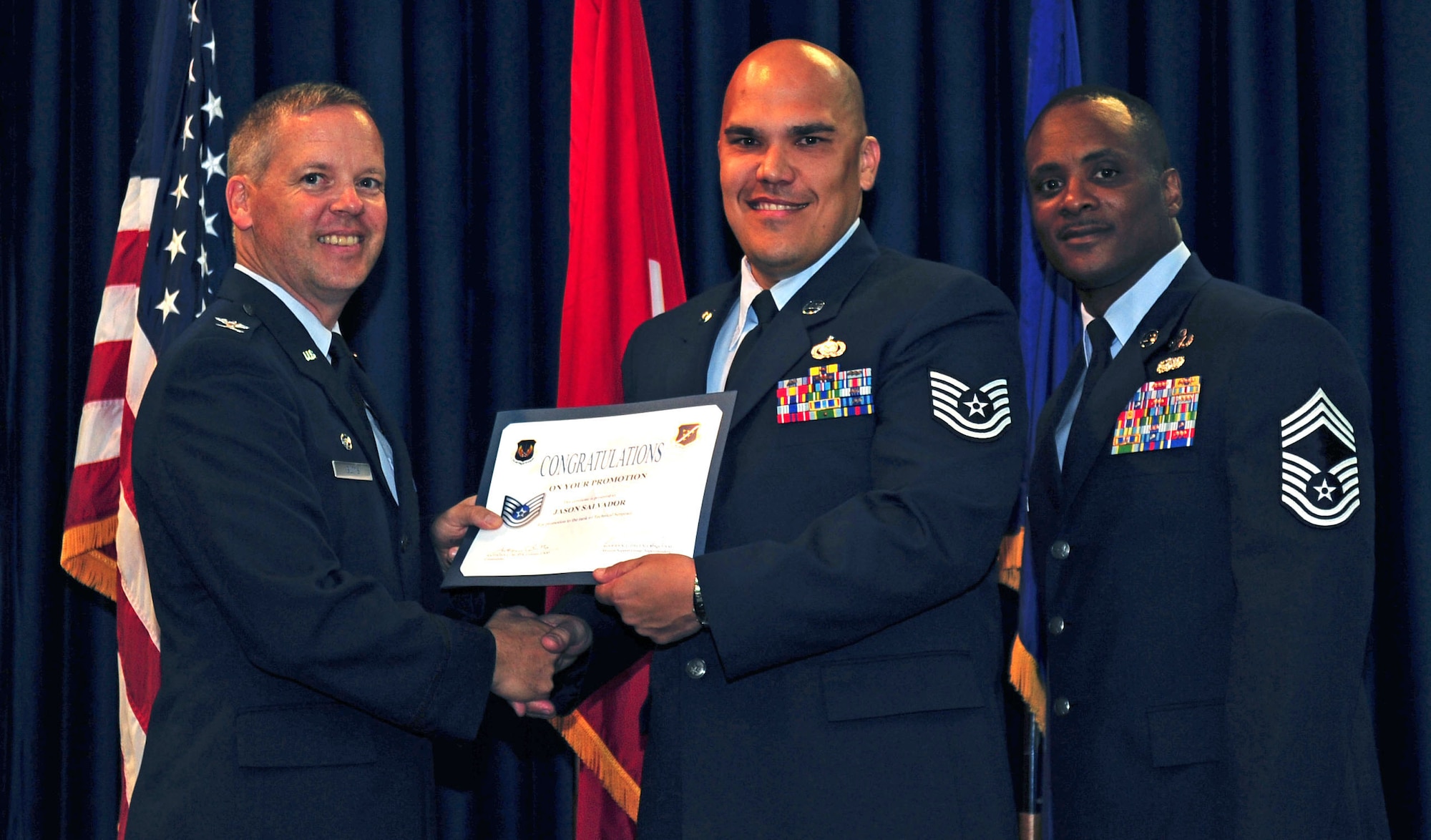 Jason Salvador, 39th Logistics Readiness Squadron, is promoted to the rank of technical sergeant July 29, 2011, at the Club Complex ballroom at Incirlik Air Base, Turkey. (U.S. Air Force photo by Senior Airman Anthony Sanchelli/Released)

