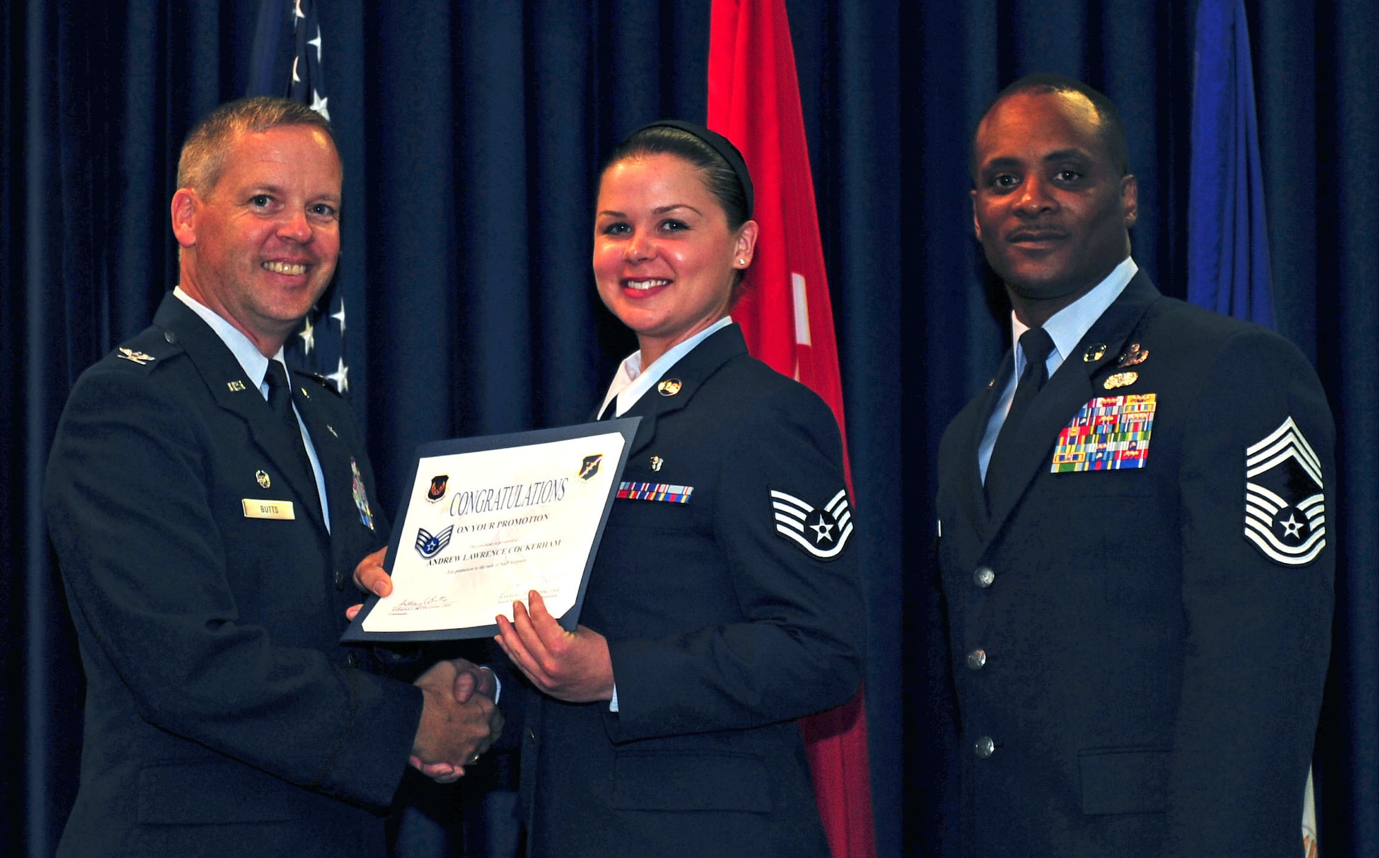 Sarah Mahlum, 39th Medical Operations Squadron, is promoted to the rank of staff sergeant July 29, 2011, at the Club Complex ballroom at Incirlik Air Base, Turkey. (U.S. Air Force photo by Senior Airman Anthony Sanchelli/Released)

