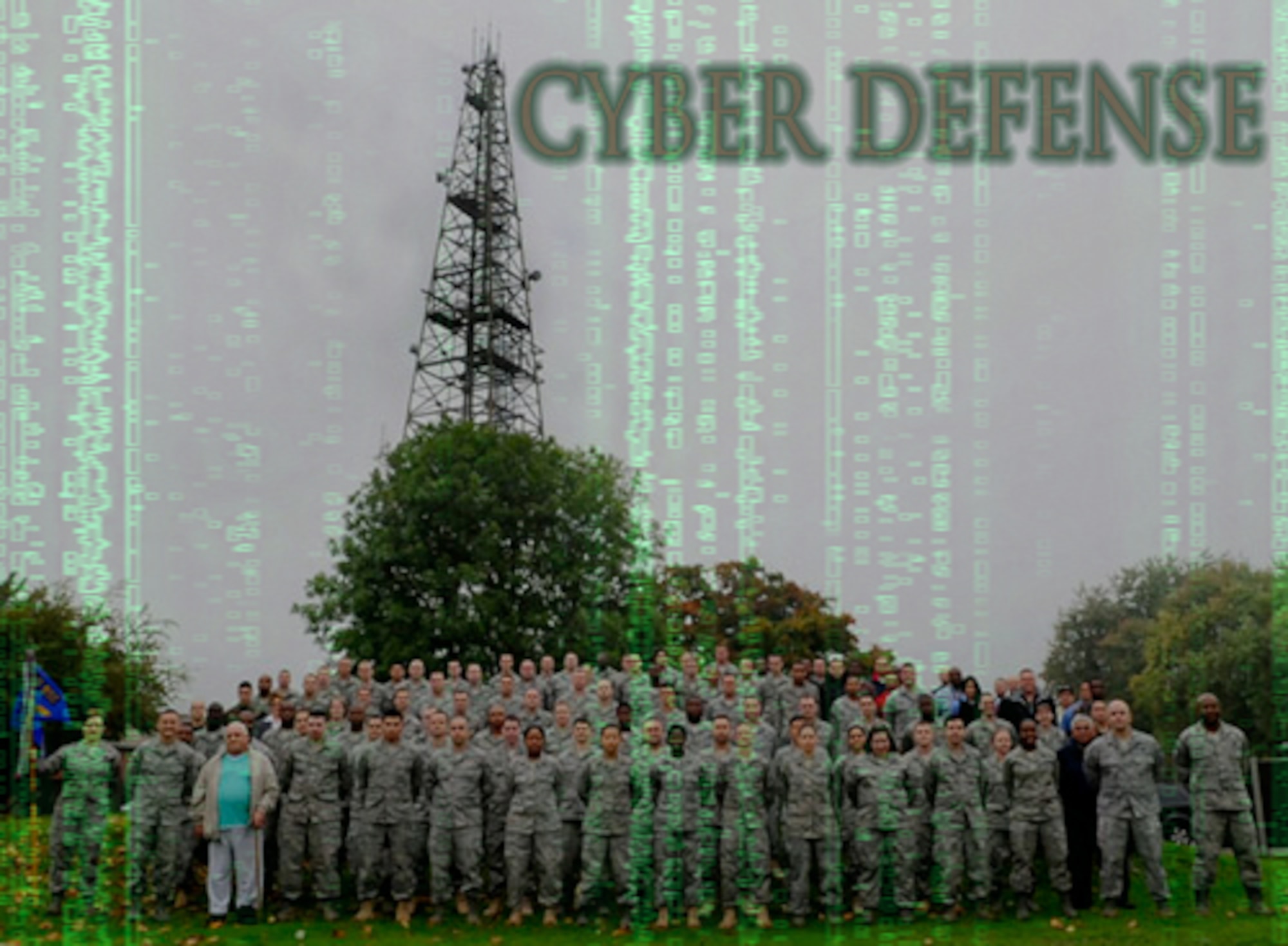 The 100th Communications Squadron poses for a group photo at RAF Mildenhall. Members of the 100th CS formed the Cyber Defense Team in early 2011, to track and prevent future vulnerabilities to Team Mildenhall's network. (U.S. Air Force graphic/Tech. Sgt. Kevin Wallace)