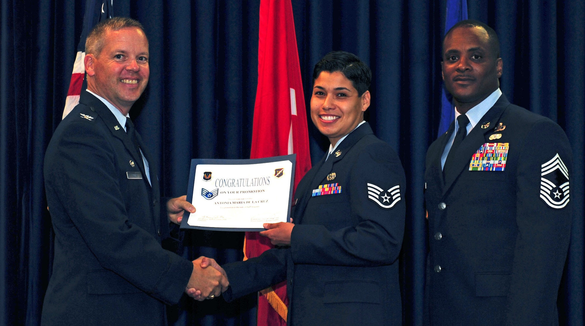 Antonia De La Cruz, 39th Logistics Readiness Squadron, is promoted to the rank of staff sergeant July 29, 2011, at the Club Complex ballroom at Incirlik Air Base, Turkey. (U.S. Air Force photo by Senior Airman Anthony Sanchelli/Released)

