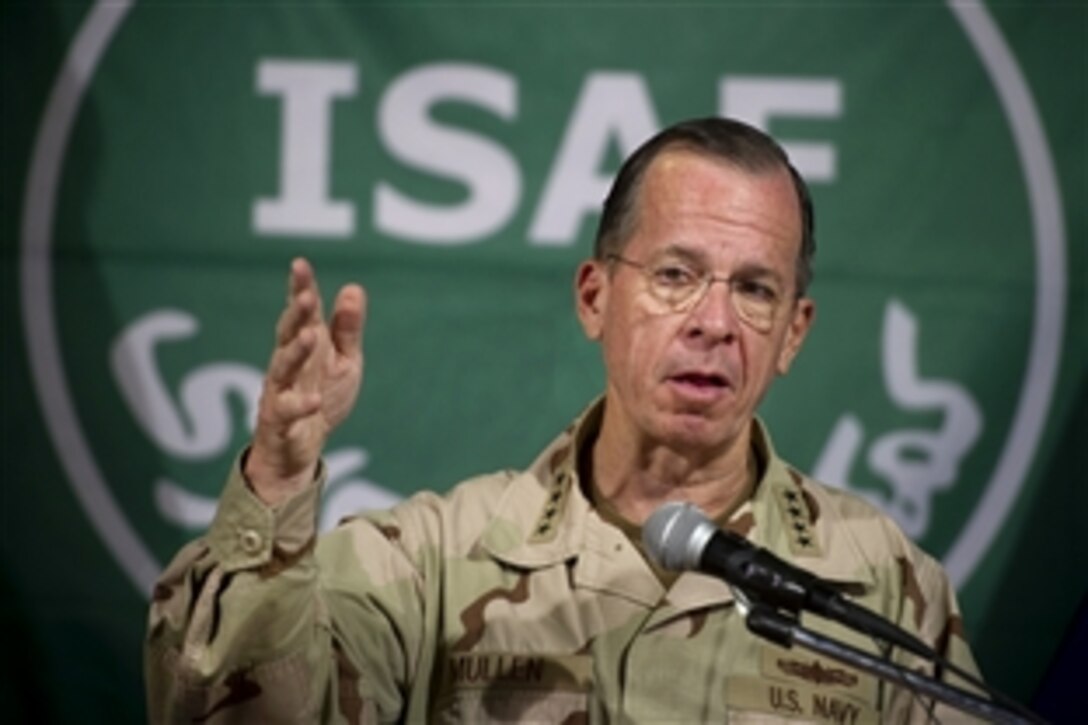 U.S. Navy Adm. Mike Mullen, chairman of the Joint Chiefs of Staff, addresses the media during a press conference in Kabul, Afghanistan, July 31, 2011. 
