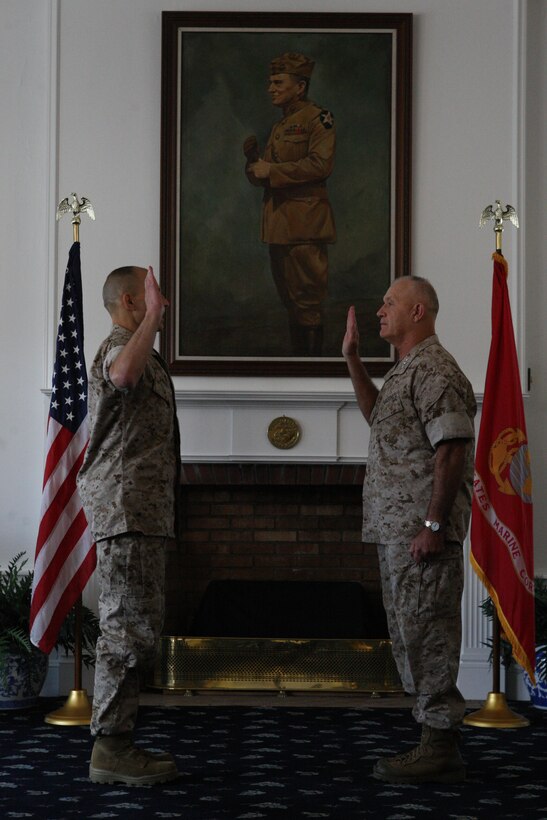 Brig. Gen. Thomas A. Gorry (left), commanding general of Marine Corps Installations East, recites the commissioned officer oath of office as said by Lt. Gen. Dennis J. Hejlik, commanding general of Fleet Marine Forces Atlantic, Marine Corps Bases Atlantic and United States Marine Corps Forces Command, during Gorry’s frocking to brigadier general at the Paradise Point Officers’ Club aboard Marine Corps Base Camp Lejeune, Aug. 2.